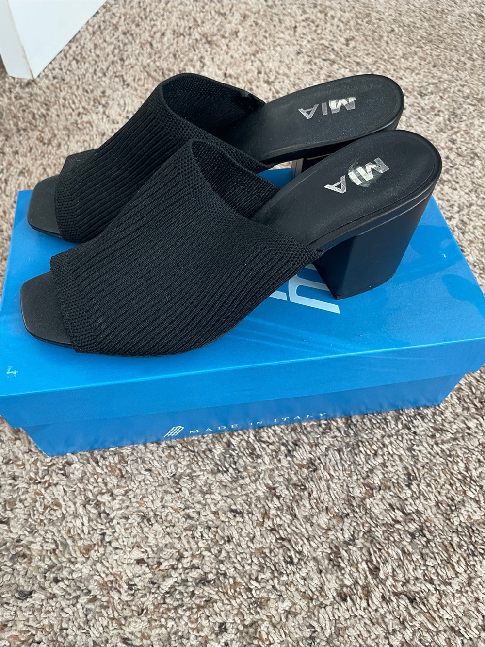 MIA Black Knit Open-Toe Block Heel Mule